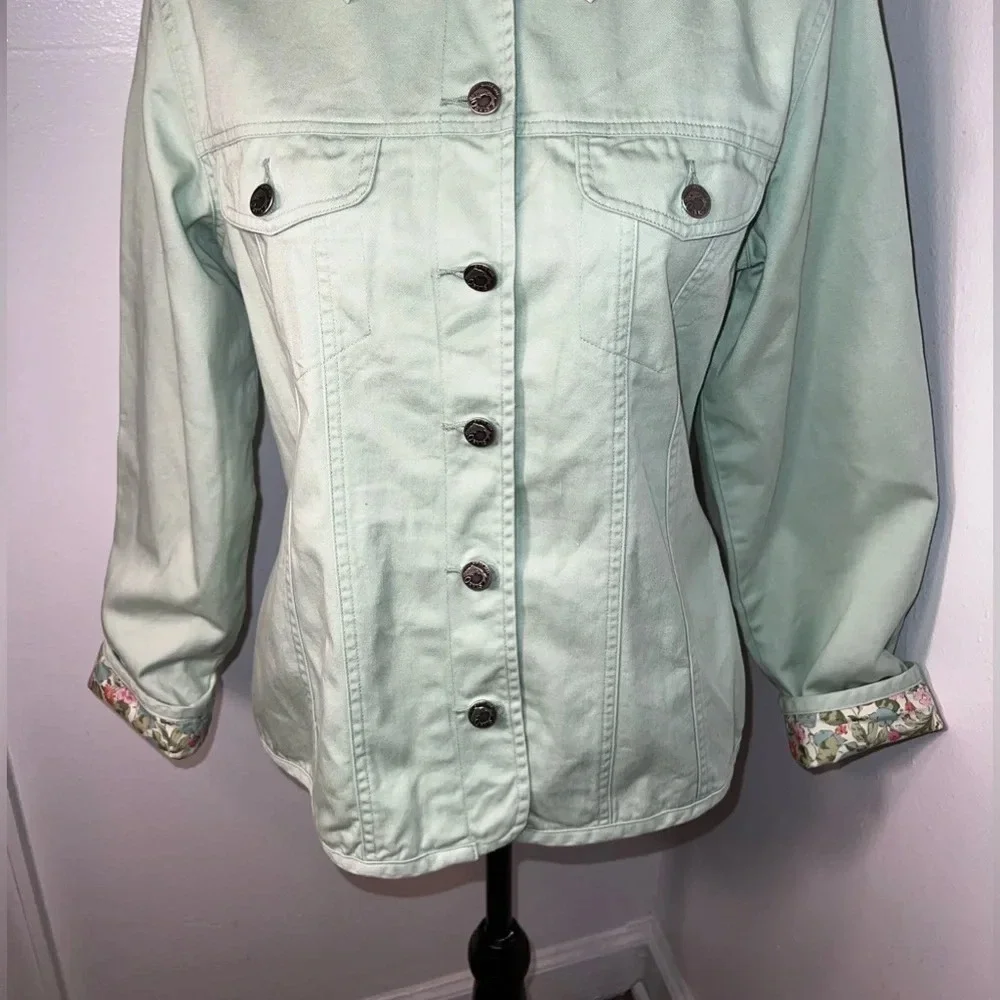 Orvis, S, vintage, pale green w/ floral lining logo button front collared jacket